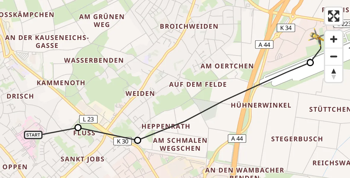 Flugroute Rettungshubschrauber Rhein-Maas Hospital - Aachen-Merzbrück Flughafen, 10 August 2026, 19:50