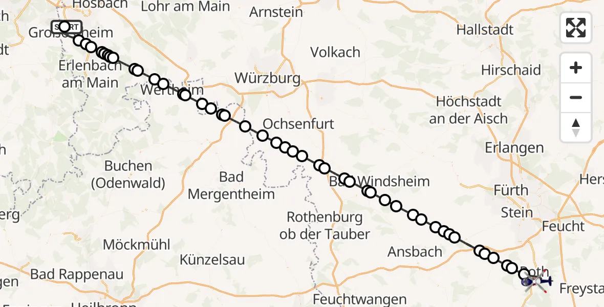 Flugroute Polizeihubschrauber Flugplatz Aschaffenburg - Flugplatz Roth, 10 August 2026, 19:58