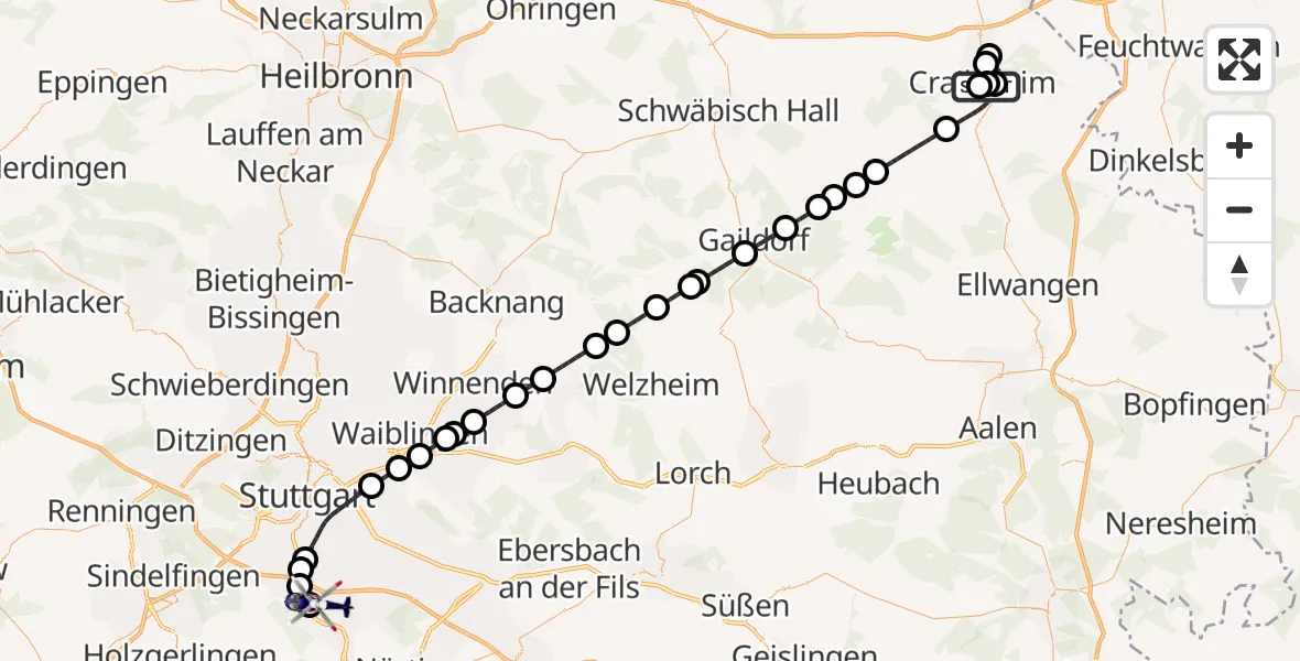 Flugroute Polizeihubschrauber Crailsheim Hospital - Flughafen Stuttgart, 10 August 2026, 20:00