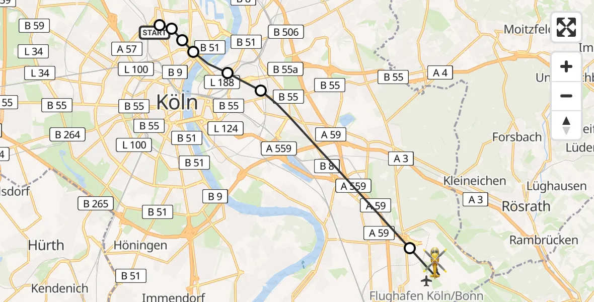 Flugroute Ambulanzhubschrauber Sankt Vinzenz Hospital - Köln Bonn Flughafen, 10 August 2026, 20:07