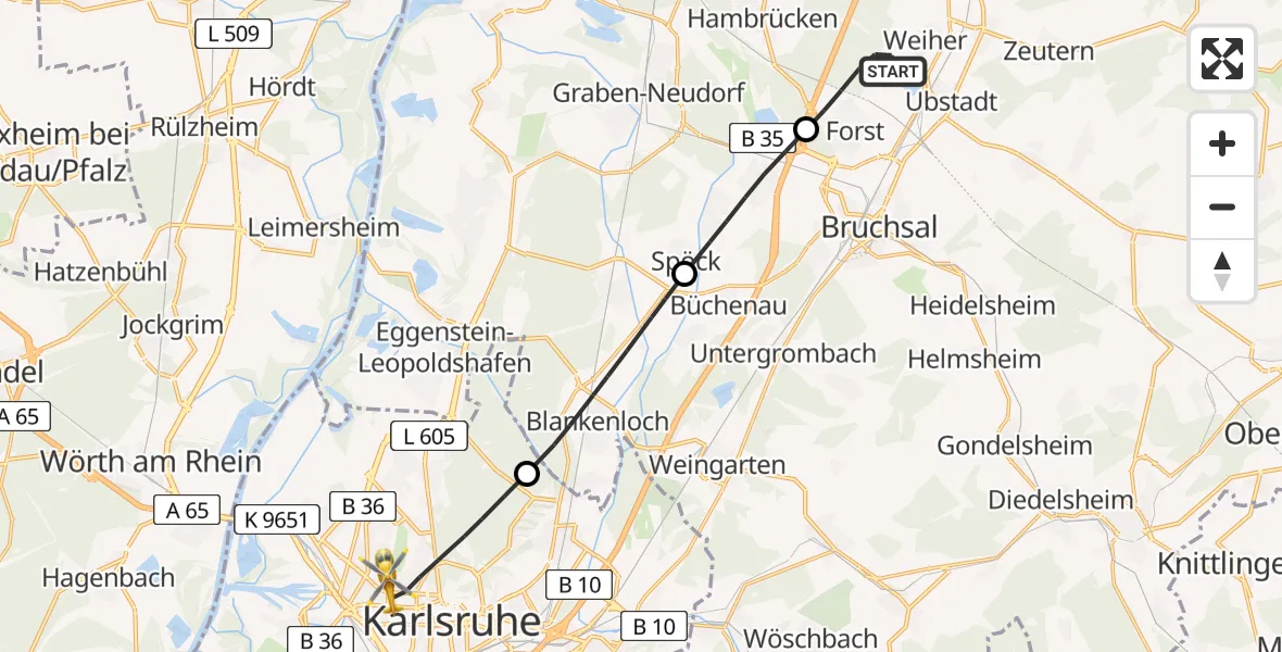 Flugroute Ambulanzhubschrauber Forst - Karlsruhe, 10 August 2026, 20:29