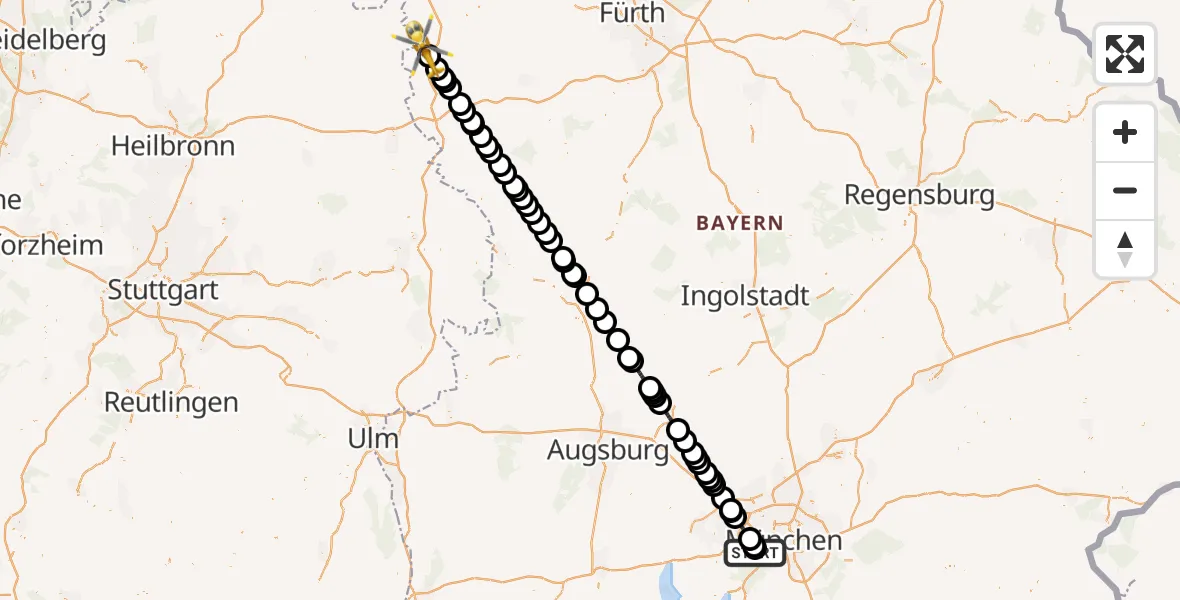 Flugroute Rettungshubschrauber DRF Air Rescue München Hubschrauberlandeplatz - Rothenburg ob der Tauber, 10 August 2026, 20:32
