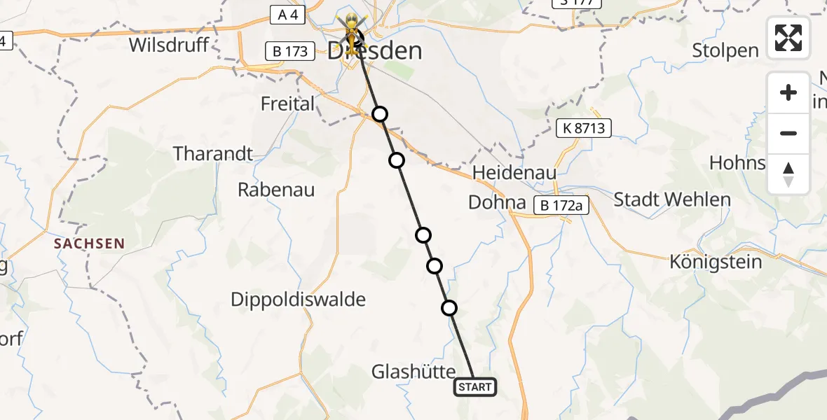 Flugroute Rettungshubschrauber Liebstadt - Dresden Friedrichstadt Hospital, 10 August 2026, 20:38