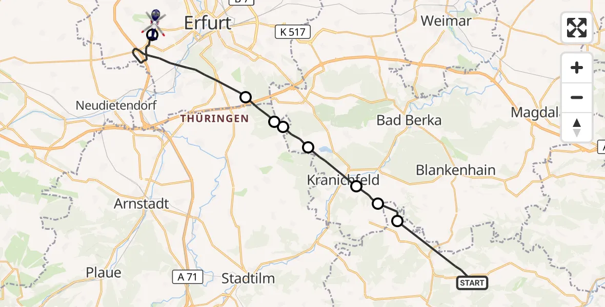 Flugroute Polizeihubschrauber Uhlstädt-Kirchhasel - Erfurt-Weimar Flughafen, 10 August 2026, 20:48