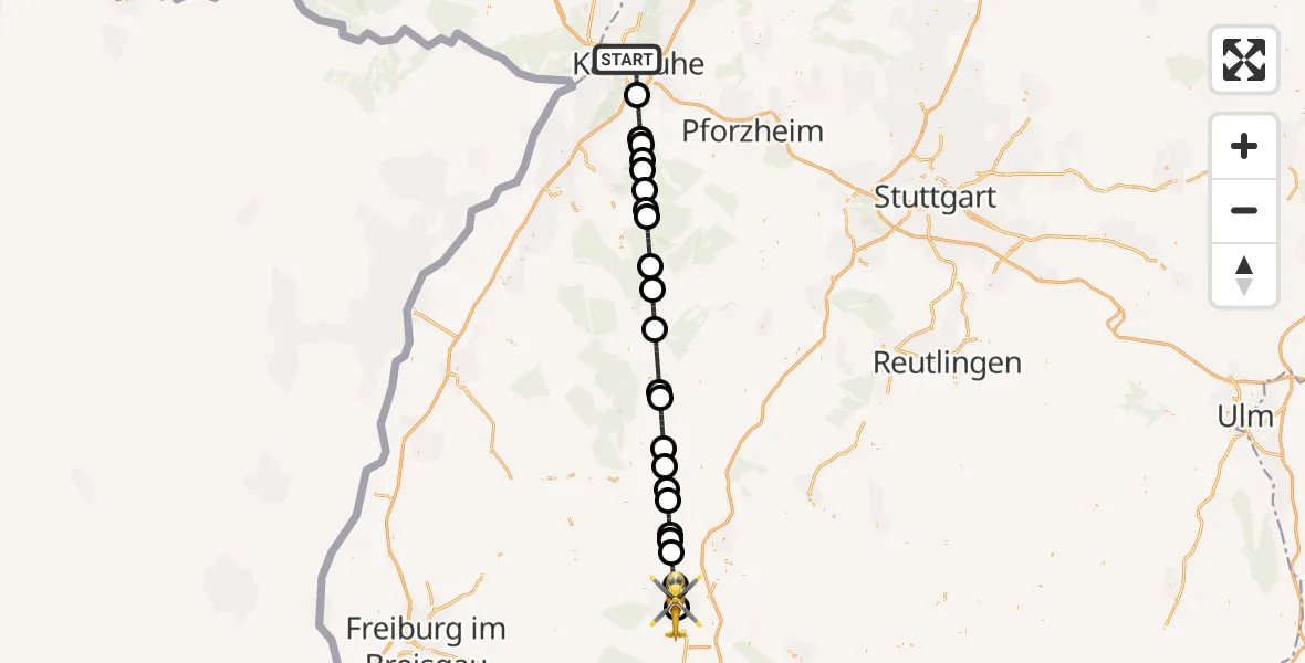 Flugroute Ambulanzhubschrauber Karlsruhe - DRF Air Rescue Station Villingen-Schwenningen Hubschrauberlandeplatz (Christoph 11), 10 August 2026, 21:18