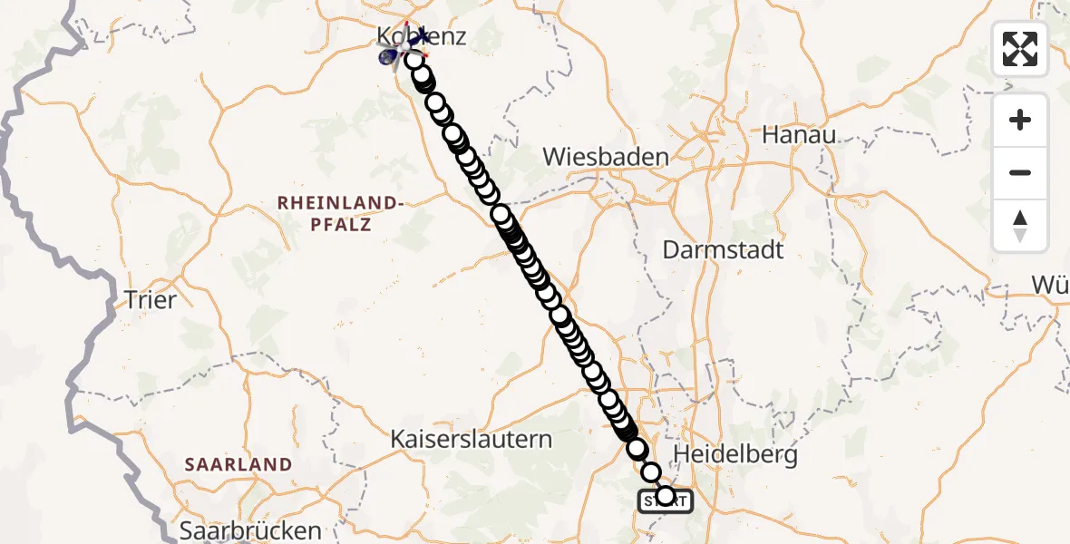 Flugroute Polizeihubschrauber Speyer Flugplatz - Koblenz, 10 August 2026, 21:19