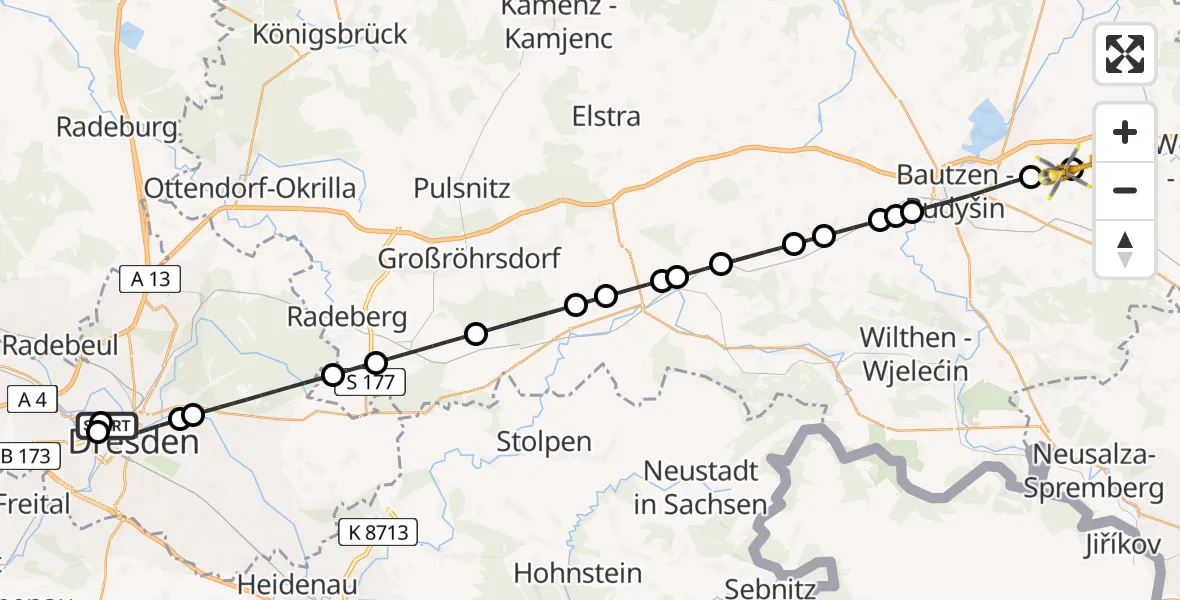 Flugroute Rettungshubschrauber Dresden Friedrichstadt Hospital - Bautzen Flugplatz, 10 August 2026, 21:29