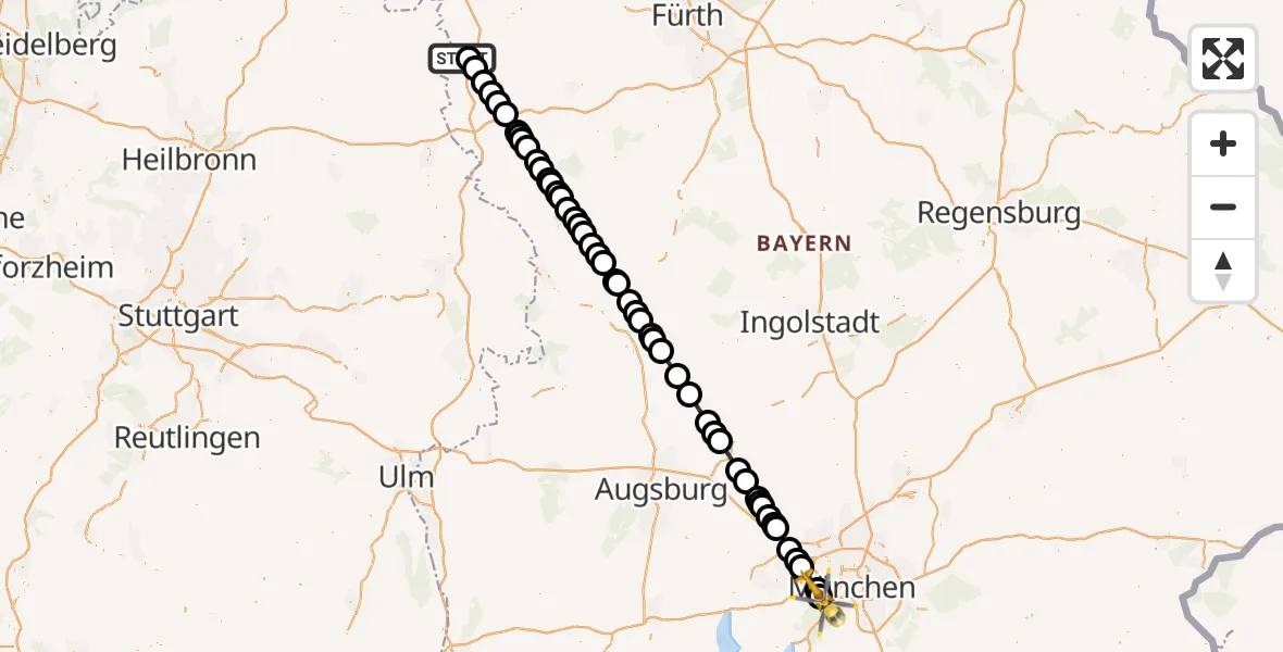 Flugroute Rettungshubschrauber Rothenburg ob der Tauber - DRF Air Rescue München Hubschrauberlandeplatz, 10 August 2026, 21:45