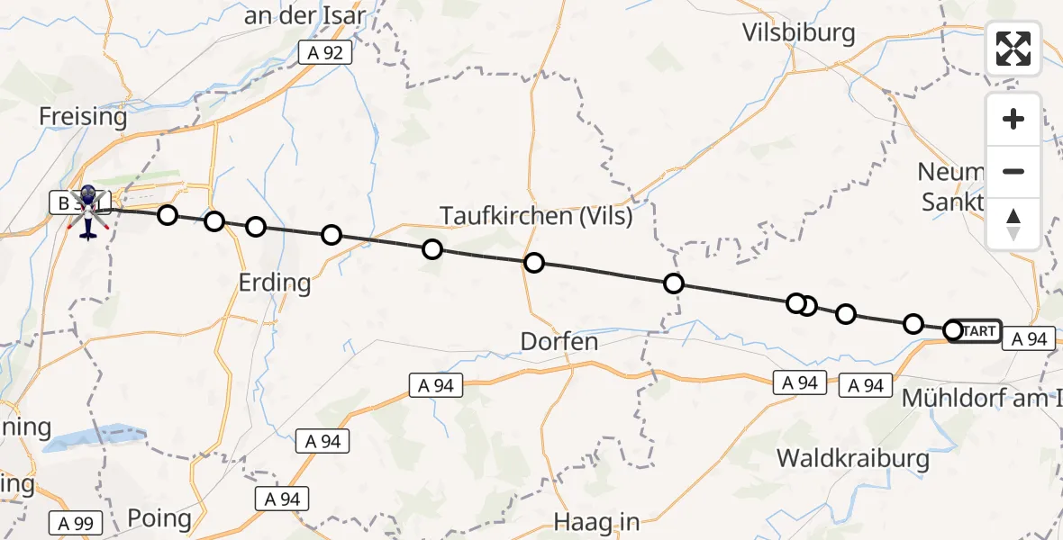 Flugroute Polizeihubschrauber Mühldorf Flugplatz - München Flughafen, 10 August 2026, 22:12