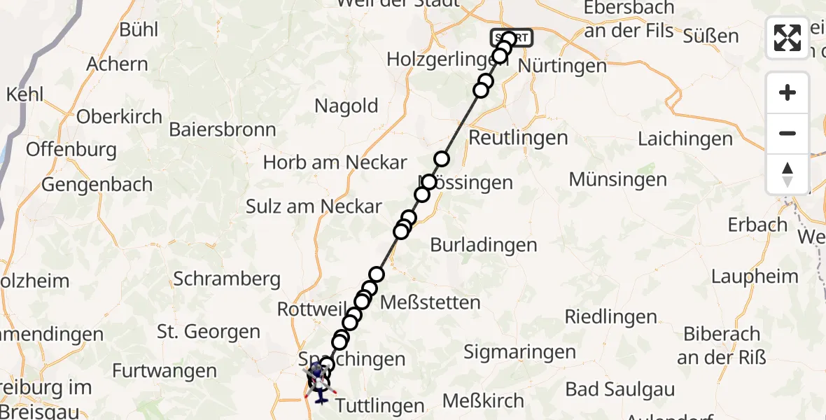 Flugroute Polizeihubschrauber Flughafen Stuttgart - Talheim, 10 August 2026, 23:00