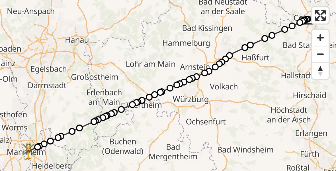 Flugroute Ambulanzhubschrauber Regiomed Hospital Coburg - Mannheim, 10 August 2026, 23:07