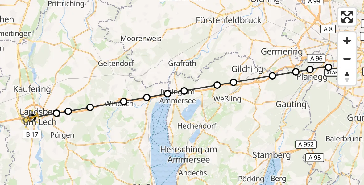 Flugroute Rettungshubschrauber DRF Air Rescue München Hubschrauberlandeplatz - Landsberg am Lech Hospital, 10 August 2026, 23:13