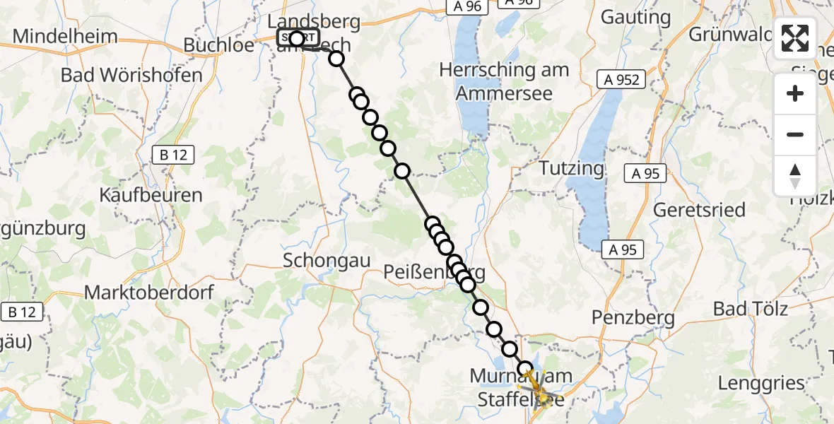 Flugroute Rettungshubschrauber Landsberg am Lech Hospital - Murnau a.Staffelsee, 10 August 2026, 23:51