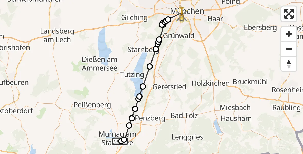 Flugroute Rettungshubschrauber Murnau Accident Hospital - München, 11 August 2026, 00:27