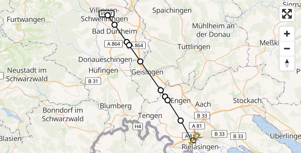 Flugroute Ambulanzhubschrauber DRF Air Rescue Station Villingen-Schwenningen Hubschrauberlandeplatz (Christoph 11) - Singen (Hohentwiel), 11 August 2026, 00:32