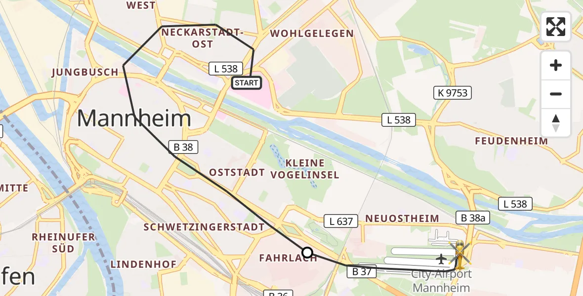 Flugroute Ambulanzhubschrauber Mannheim - Mannheim-City Flughafen, 11 August 2026, 00:52