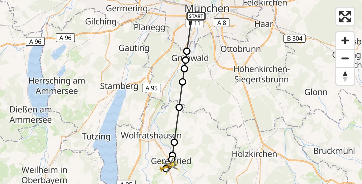 Flugroute Rettungshubschrauber München - Geretsried, 11 August 2026, 00:52