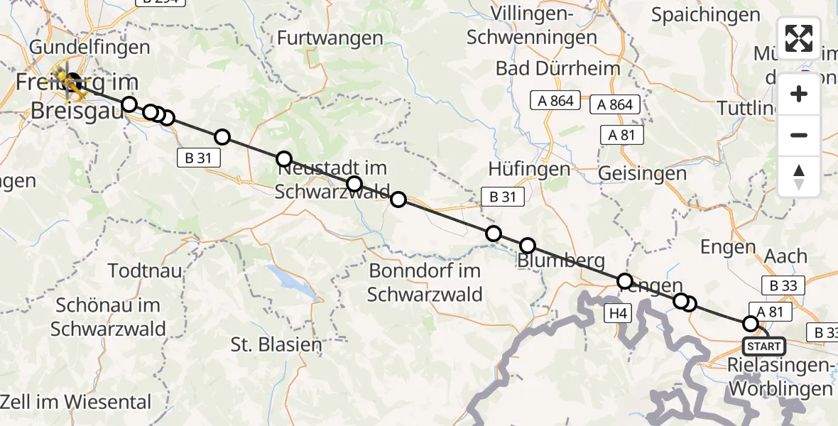Flugroute Ambulanzhubschrauber Singen (Hohentwiel) - Freiburg University Hospital Heliport 1, 11 August 2026, 01:09