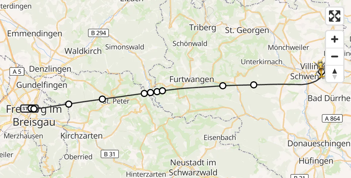 Flugroute Ambulanzhubschrauber Freiburg University Hospital Heliport 1 - DRF Air Rescue Station Villingen-Schwenningen Hubschrauberlandeplatz (Christoph 11), 11 August 2026, 02:05