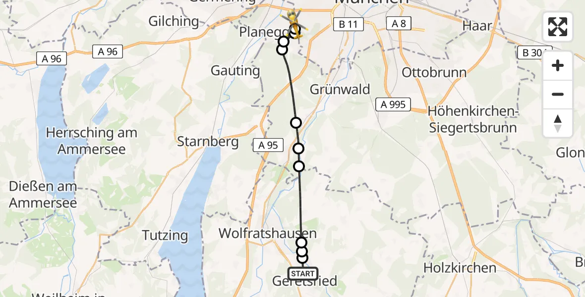 Flugroute Rettungshubschrauber Geretsried - DRF Air Rescue München Hubschrauberlandeplatz, 11 August 2026, 02:56