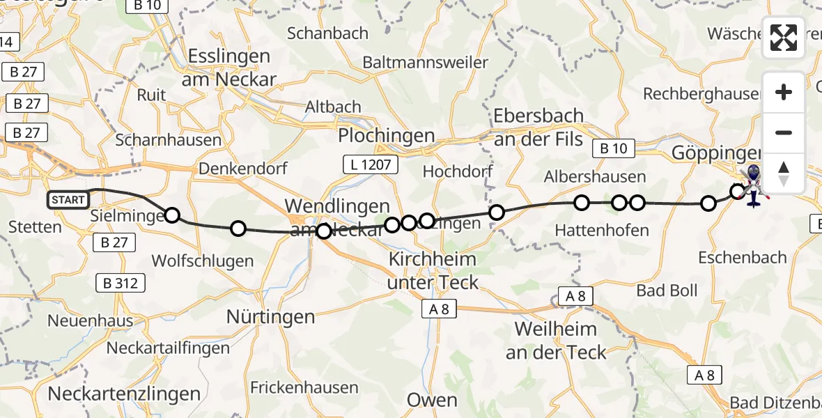 Flugroute Polizeihubschrauber Flughafen Stuttgart - Göppingen, 11 August 2026, 05:02