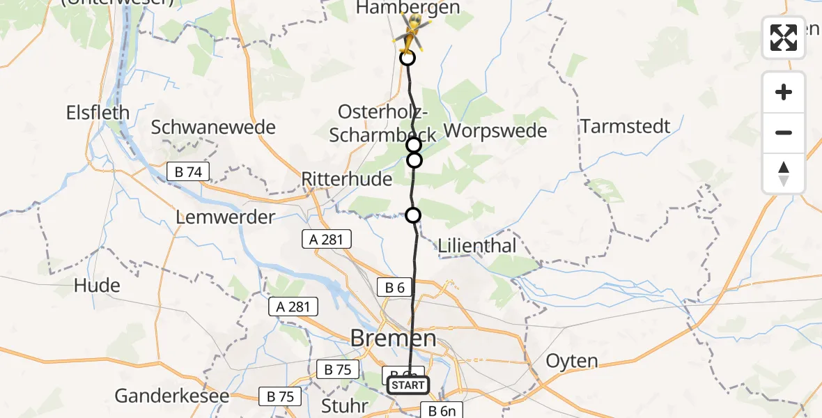 Flugroute Rettungshubschrauber Bremen - Hambergen, 11 August 2026, 05:07