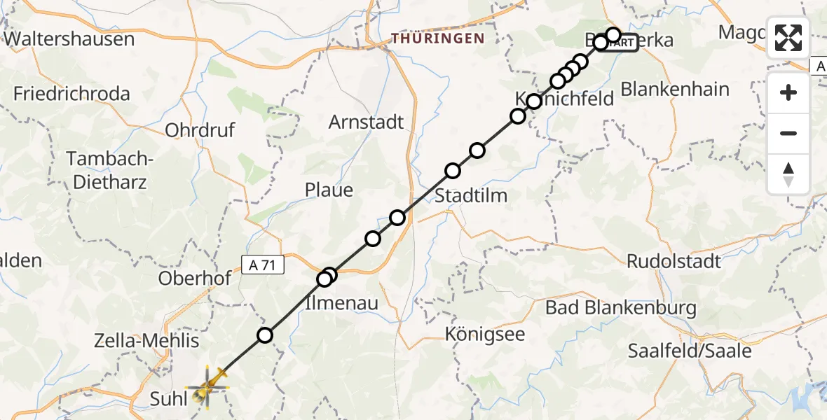Flugroute Ambulanzhubschrauber Bad Berka - Suhl, 11 August 2026, 05:29