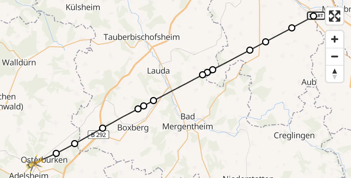 Flugroute Rettungshubschrauber Ochsenfurt Hospital - Osterburken, 11 August 2026, 05:30