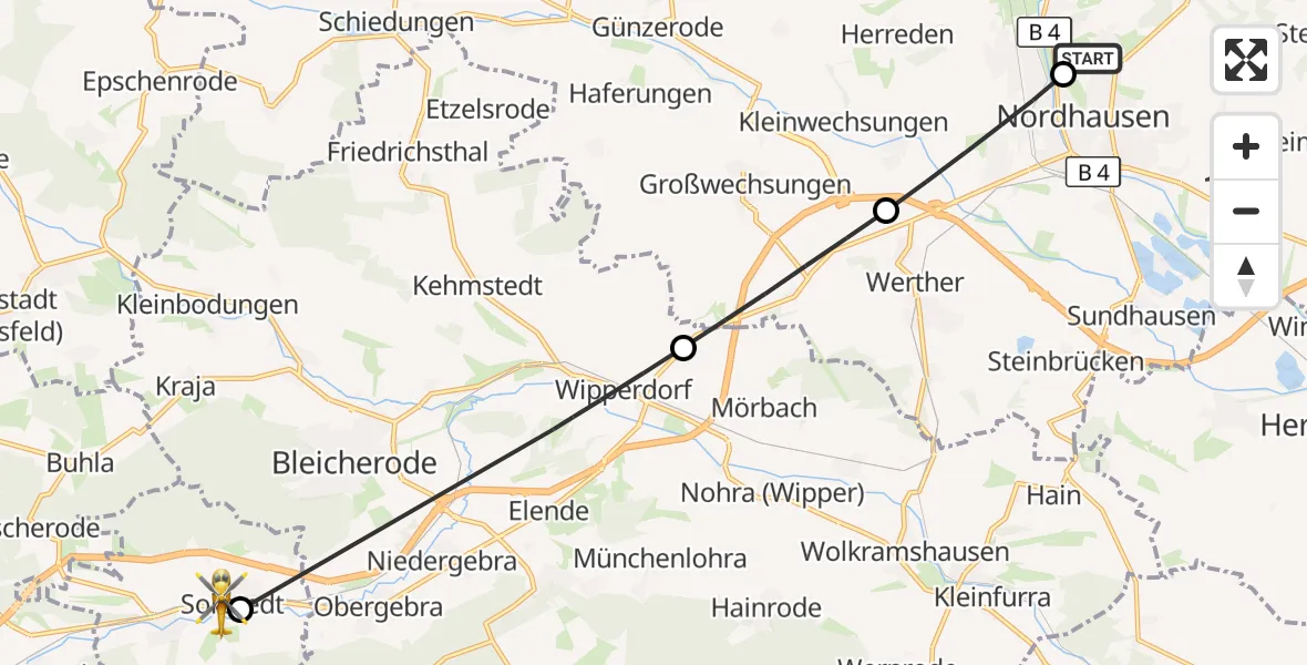 Flugroute Rettungshubschrauber Südharz Hospital Nordhausen - Sollstedt, 11 August 2026, 05:33