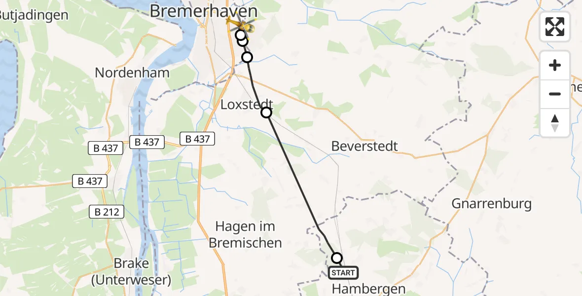 Flugroute Rettungshubschrauber Lübberstedt - Bremerhaven, 11 August 2026, 05:34