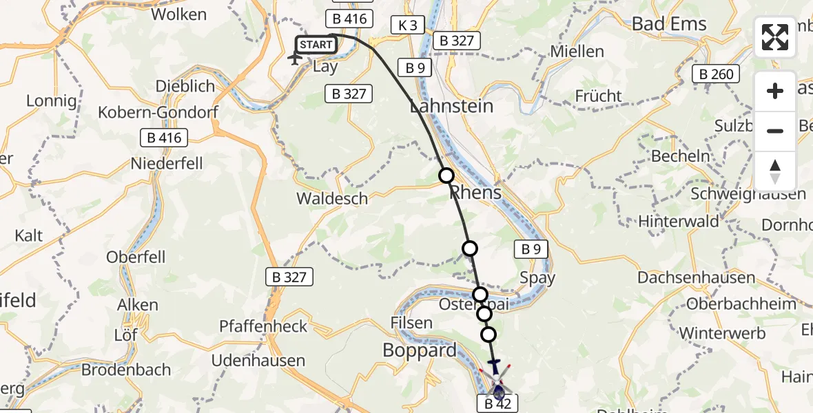 Flugroute Polizeihubschrauber Koblenz - Kamp-Bornhofen, 11 August 2026, 05:44