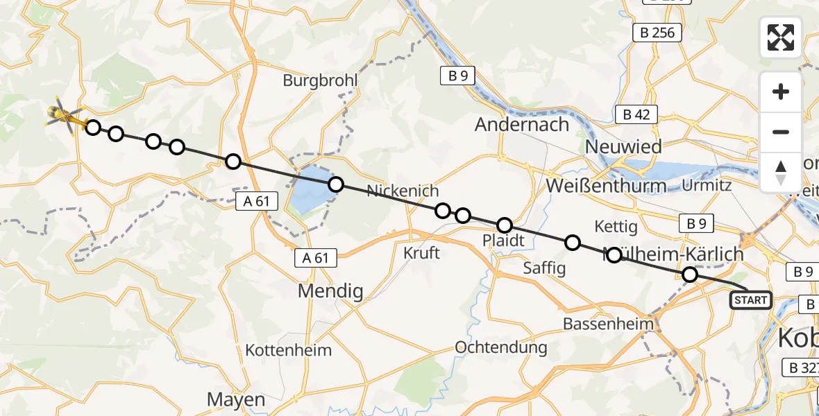 Flugroute Rettungshubschrauber Koblenz - Spessart, 11 August 2026, 06:05