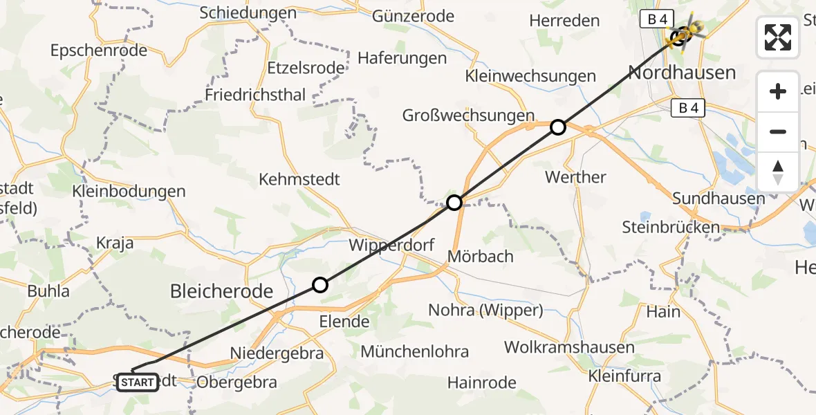 Flugroute Rettungshubschrauber Sollstedt - Südharz Hospital Nordhausen, 11 August 2026, 06:05