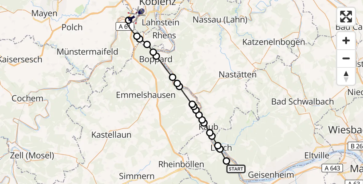Flugroute Polizeihubschrauber Trechtingshausen - Koblenz-Winningen Flugplatz, 11 August 2026, 06:07