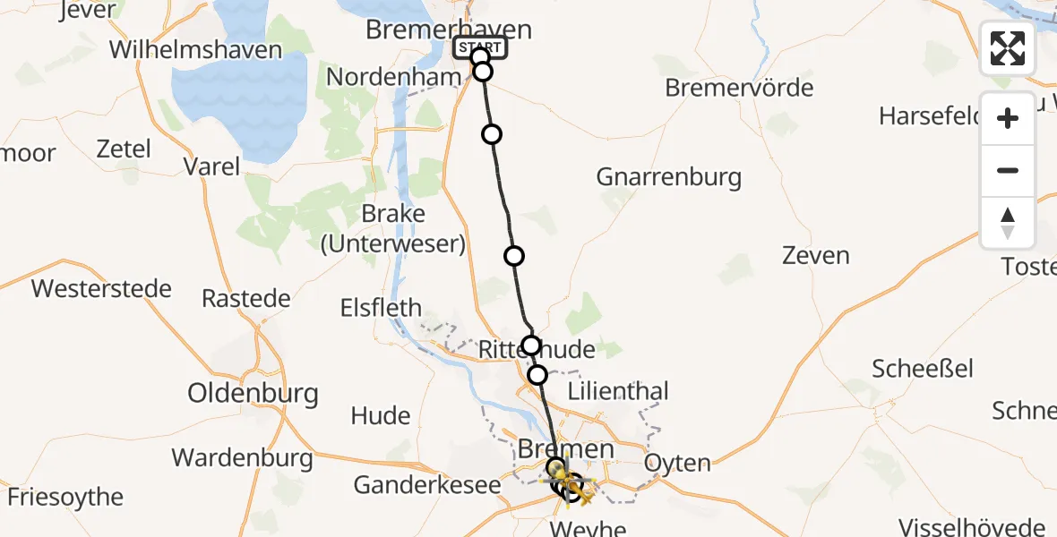 Flugroute Rettungshubschrauber Schiffdorf - ADAC Air Rescue Station Bremen Hubschrauberlandeplatz (Christoph 6), 11 August 2026, 06:14