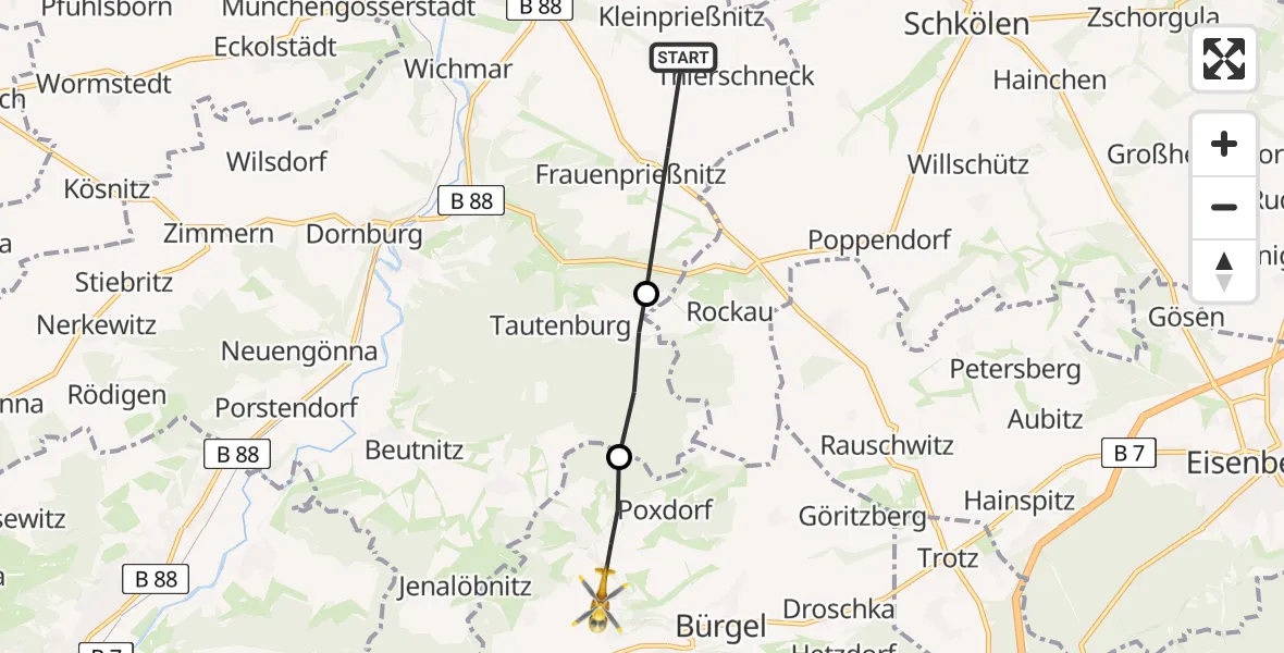 Flugroute Rettungshubschrauber Frauenprießnitz - Nausnitz, 11 August 2026, 06:15
