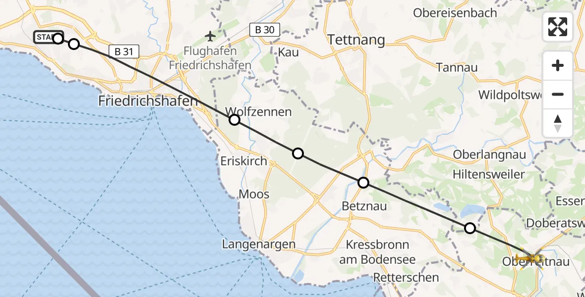 Flugroute Rettungshubschrauber Friedrichshafen Hospital - Lindau (Bodensee), 11 August 2026, 06:17