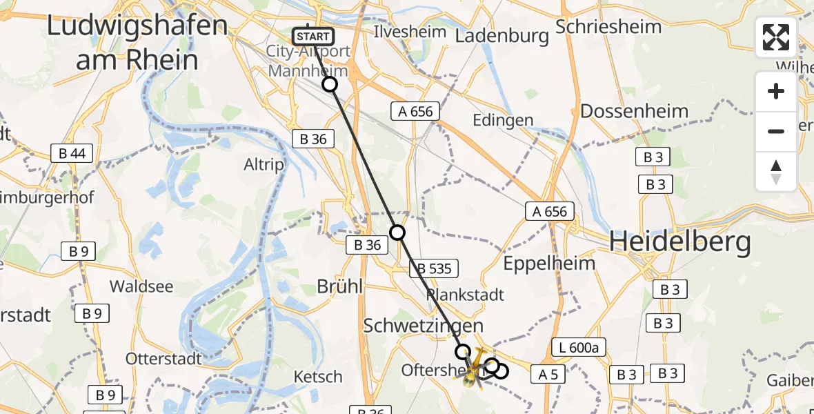Flugroute Rettungshubschrauber Mannheim-City Flughafen - Oftersheim, 11 August 2026, 06:31