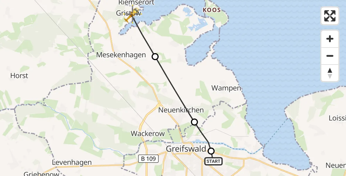 Flugroute Rettungshubschrauber Greifswald Hospital - Mesekenhagen, 11 August 2026, 06:40