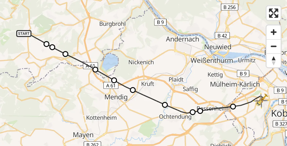 Flugroute Rettungshubschrauber Spessart - Koblenz, 11 August 2026, 06:41