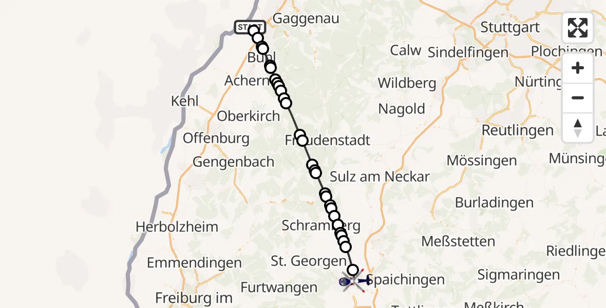 Flugroute Polizeihubschrauber Karlsruhe Baden-Baden Flughafen - Villingen-Schwenningen, 11 August 2026, 06:41