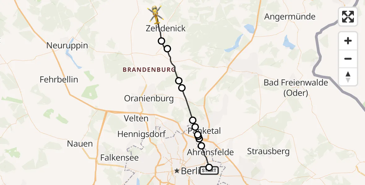 Flugroute Rettungshubschrauber Berlin Emergency Hospital - Zehdenick, 11 August 2026, 06:42