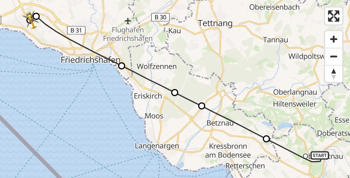 Flugroute Rettungshubschrauber Lindau (Bodensee) - Friedrichshafen Hospital, 11 August 2026, 06:46