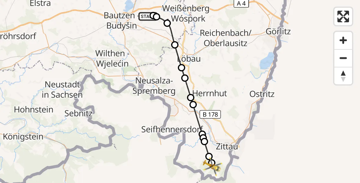 Flugroute Rettungshubschrauber Bautzen Flugplatz - Oybin, 11 August 2026, 06:47