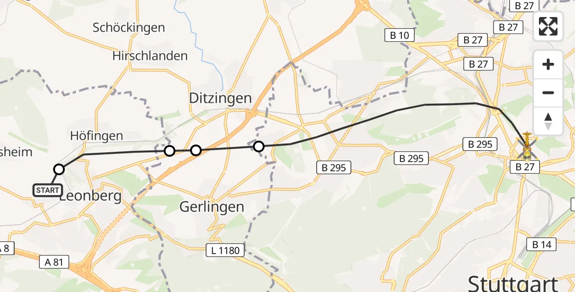 Flugroute Rettungshubschrauber Leonberg Hospital - Stuttgart, 11 August 2026, 06:55