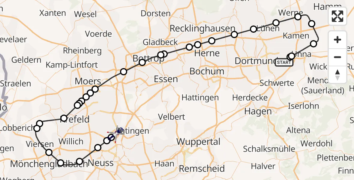 Flugroute Polizeihubschrauber Dortmund Flughafen - Düsseldorf Flughafen, 11 August 2026, 06:59