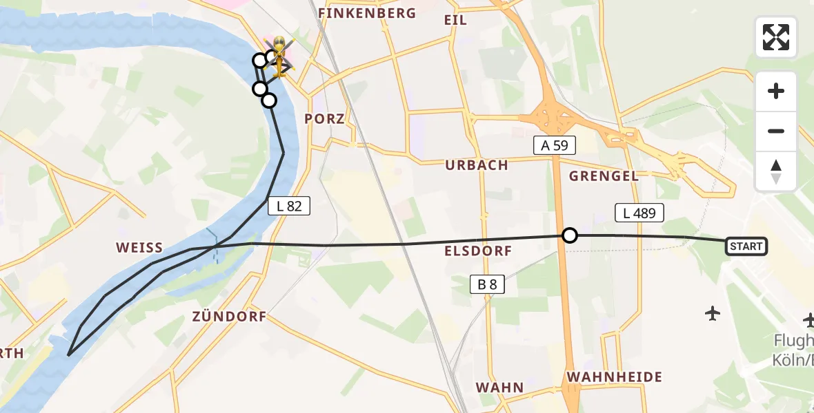 Flugroute Rettungshubschrauber Köln Bonn Flughafen - Porz am Rhein Hospital, 11 August 2026, 07:00