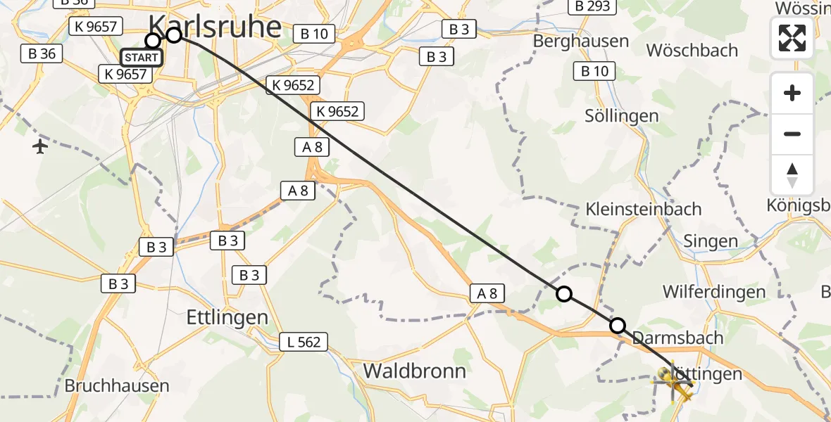 Flugroute Ambulanzhubschrauber Sankt Vincentius Hospital - Remchingen, 11 August 2026, 07:05