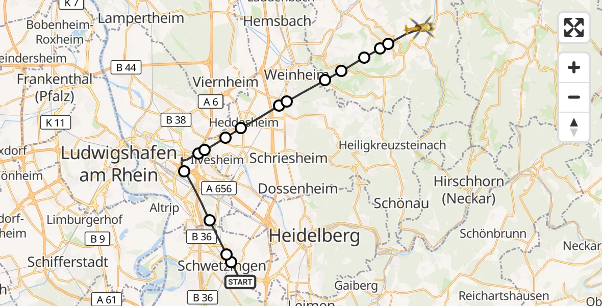 Flugroute Rettungshubschrauber Oftersheim - Wald-Michelbach, 11 August 2026, 07:05