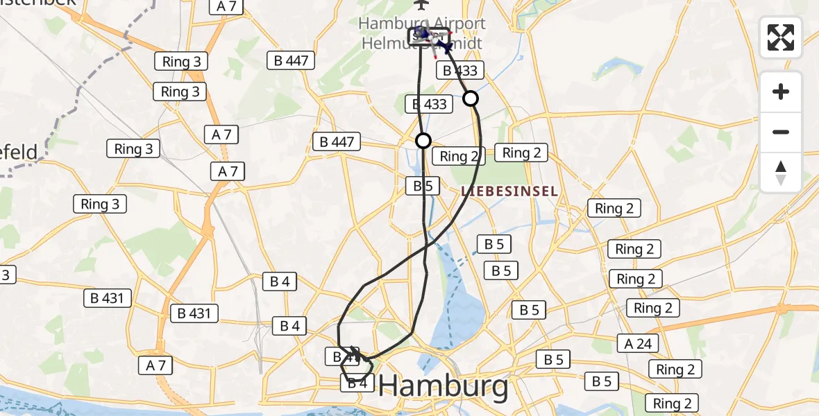Flugroute Polizeihubschrauber Hamburg Helmut Schmidt Flughafen - Hamburg Helmut Schmidt Flughafen, 11 August 2026, 07:07